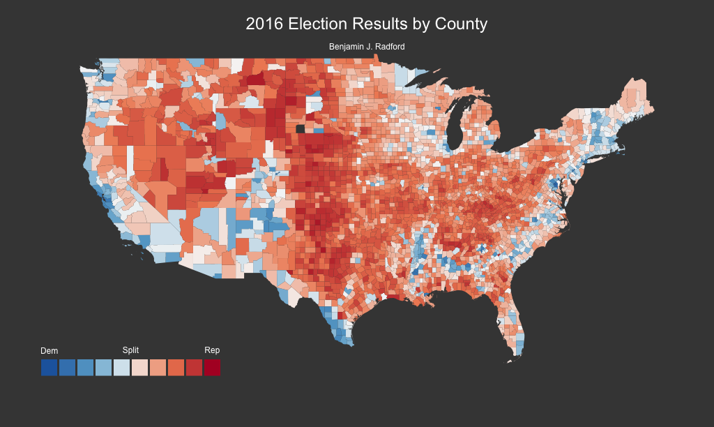 2016 presidential election votes by county for the continental U.S.