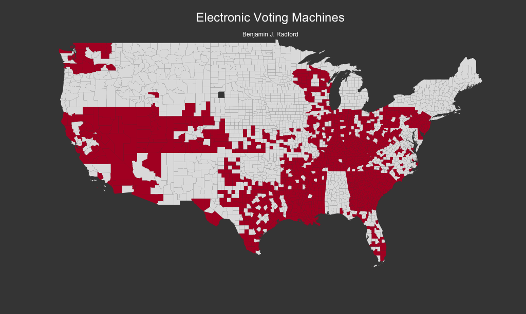 Counties with electronic voting machines in the 2016 U.S. presidential election.